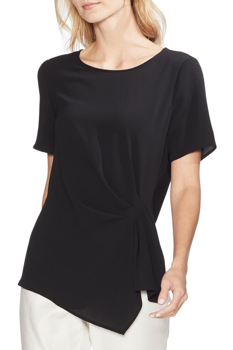 Side Pleat Mixed Media Blouse, Main, color, RICH BLACK