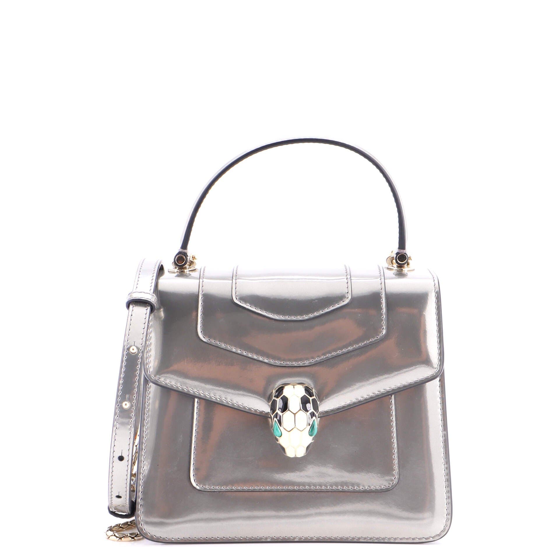 Serpenti Top Handle Bag Patent Small, Main, color, Metallic Silver