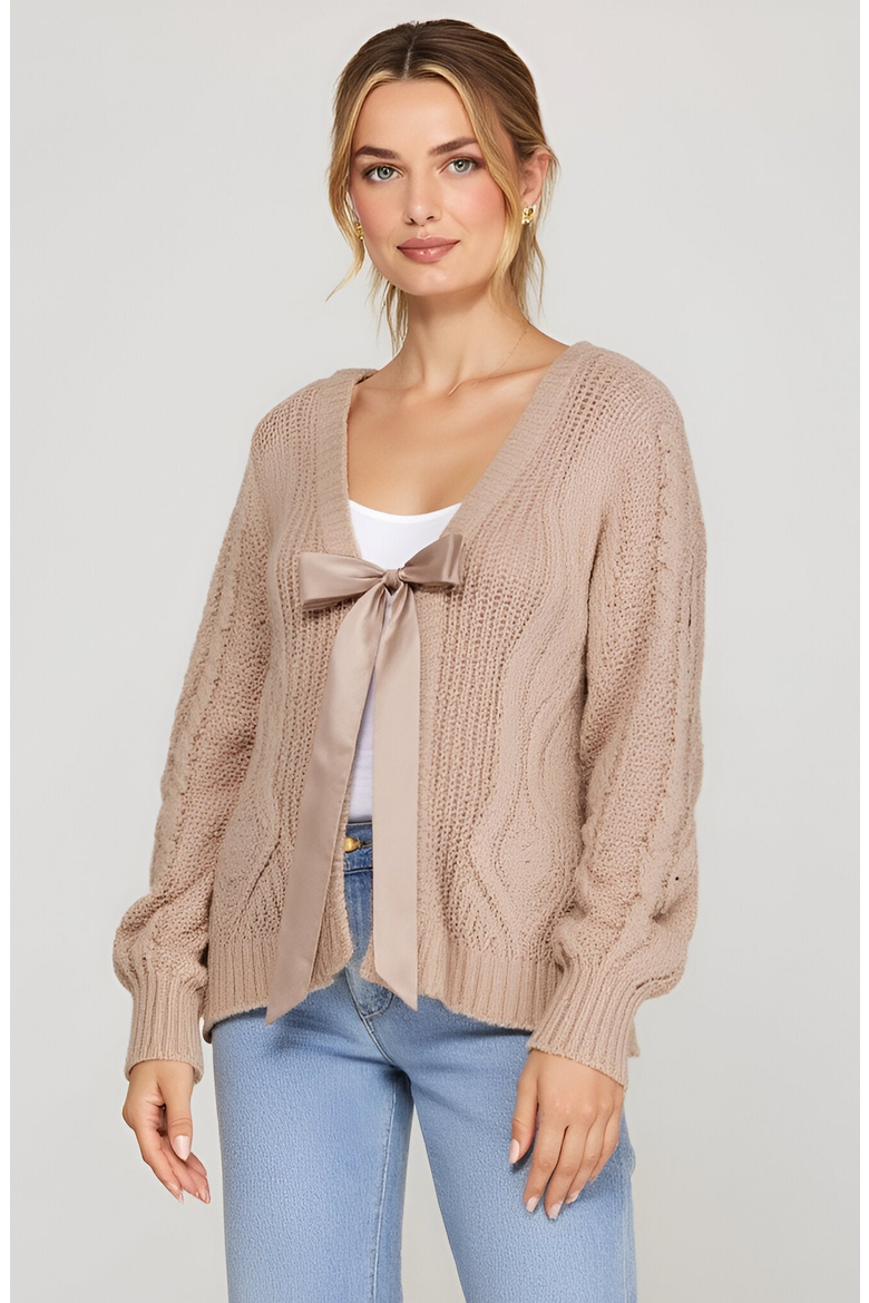 Cable Knit Cardigan with Tie-Front Detail, Main, color, Beige
