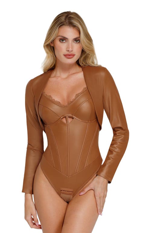 Popilush Long Sleeve Faux Leather Bolero Jacket in Dark Brown  product