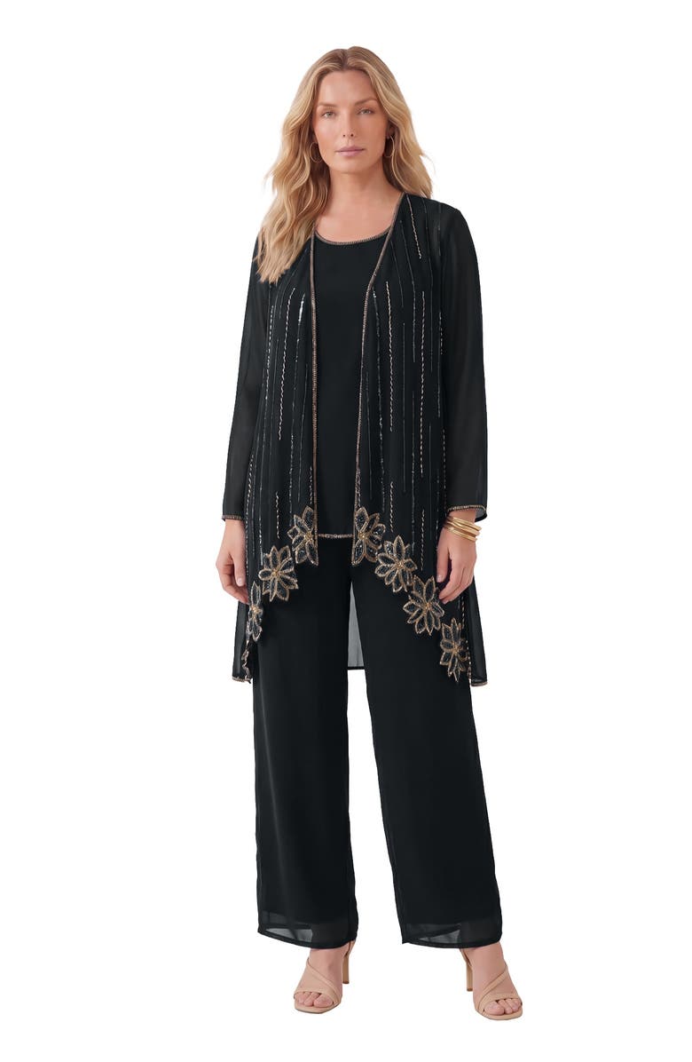 Roaman's Plus-Size Long Sleeve Floral Beaded Georgette Three-Piece Pant Set, Main, color, Black