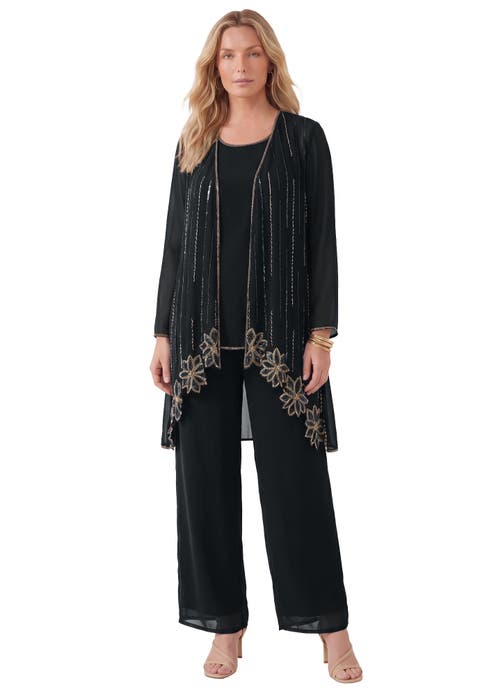 Plus-Size Long Sleeve Floral Beaded Georgette Three-Piece Pant Set (Plus)