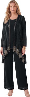 Roaman's Plus-Size Long Sleeve Floral Beaded Georgette Three-Piece Pant Set