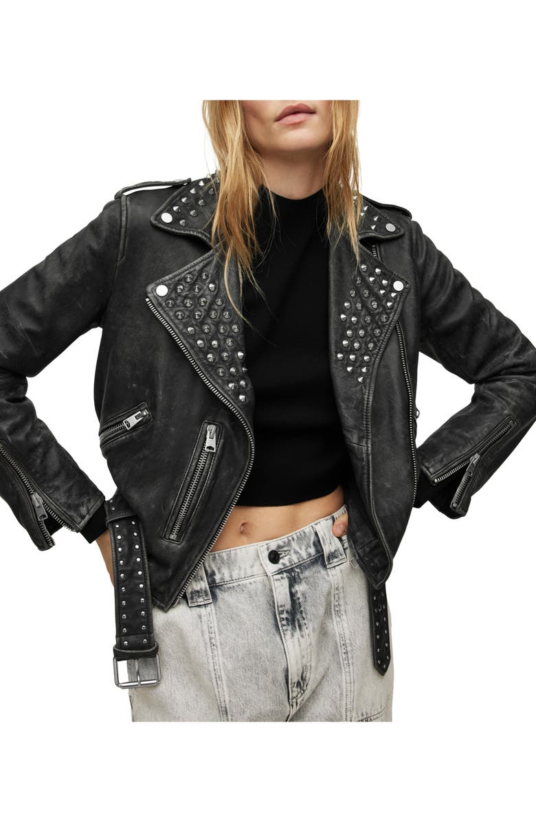 AllSaints Grommet Belted Sheepskin Leather Moto Jacket, Alternate, color,
