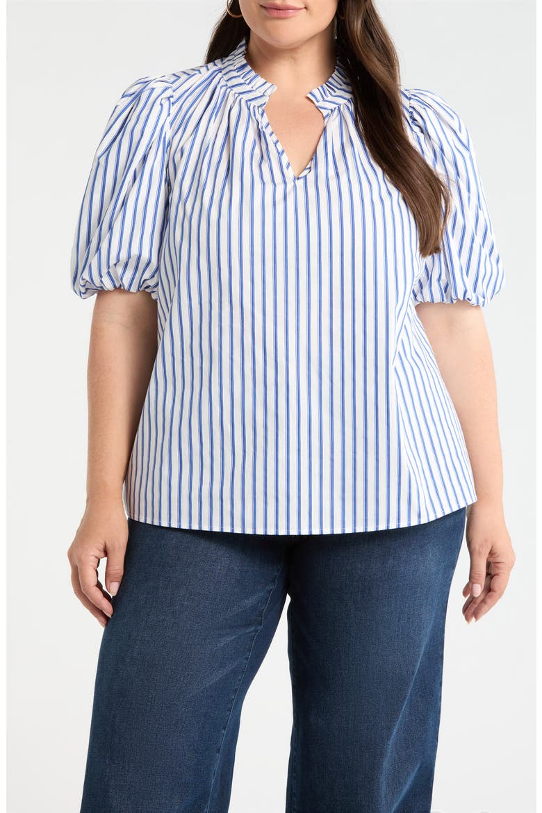 Stripe Split Neck Top, Main, color, WHITE-BLUE