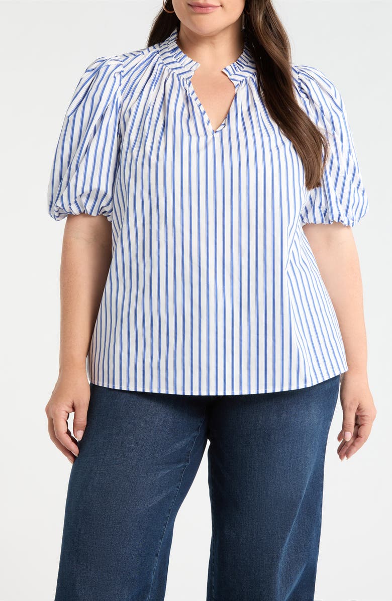 SUGARLIPS Stripe Split Neck Top, Main, color, White-Blue