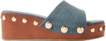 MAJE [マージ] Denim Studded Wedge Mules Maje Denim Studded Wedge Mules In Neutral | ModeSens