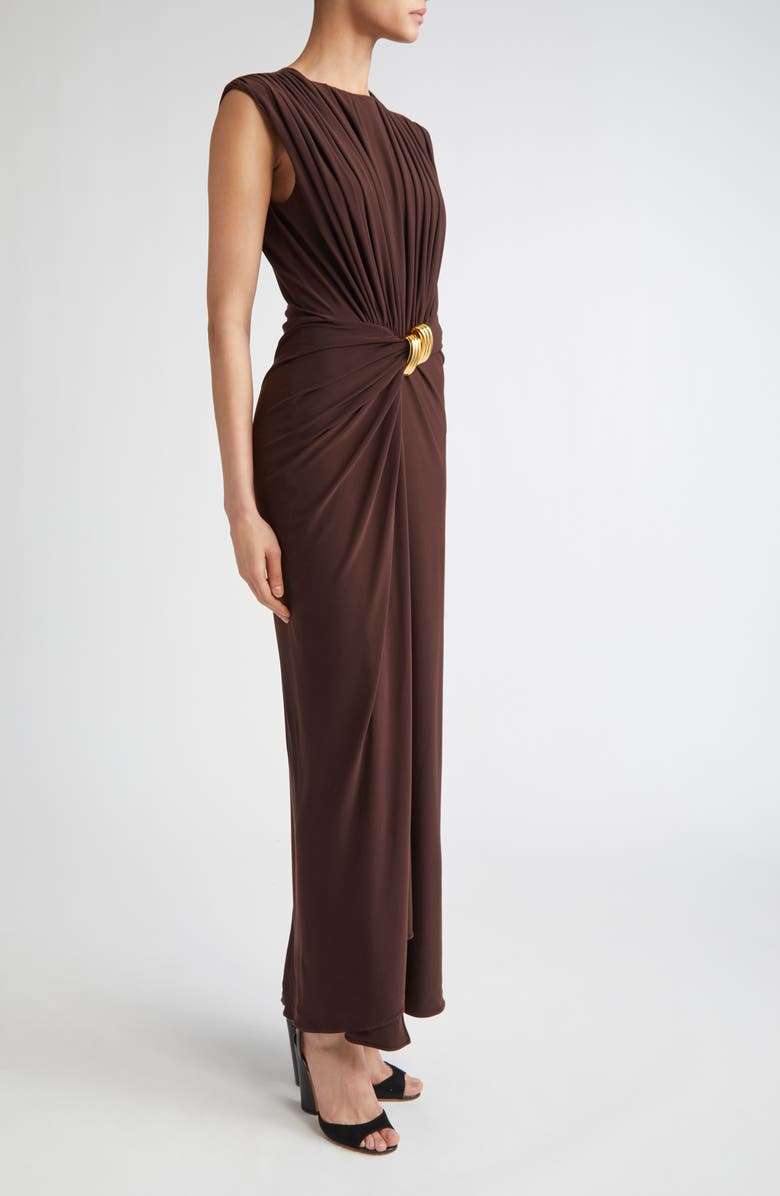 Brandon Maxwell The Serena Draped Jersey Maxi Dress, Alternate, color, Espresso/ Gold