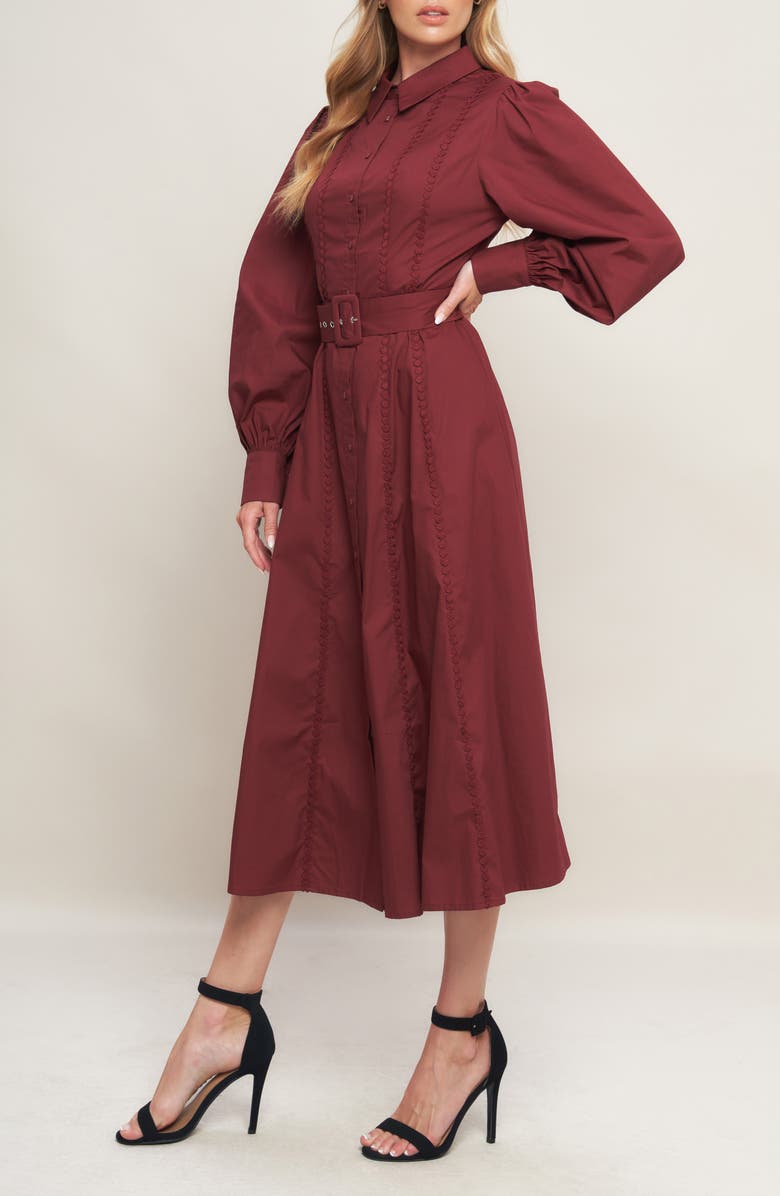 FLYING TOMATO Long Sleeve Solid Midi Shirtdress, Alternate, color, Burgundy