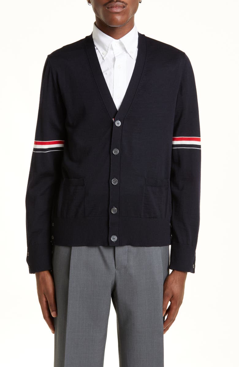 Thom Browne Men's Stripe Armbands Merino Wool Cardigan, Main, color, Navy