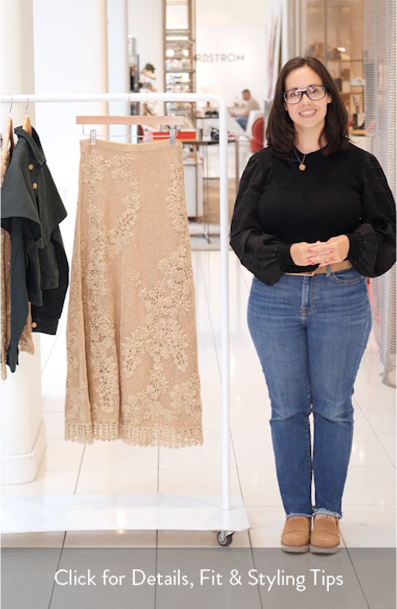 Aria Metallic Crochet Appliqué Open Stitch Maxi Skirt, sales video thumbnail