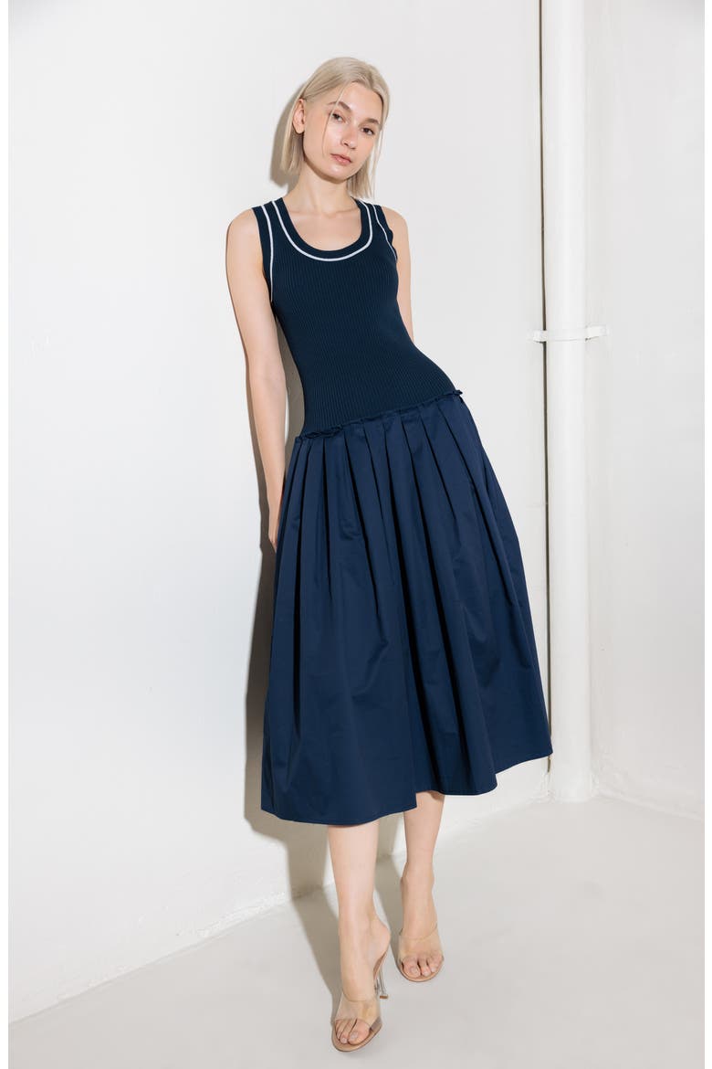 Mixed Media A-Line Dress, Alternate, color, NAVY/ WHITE
