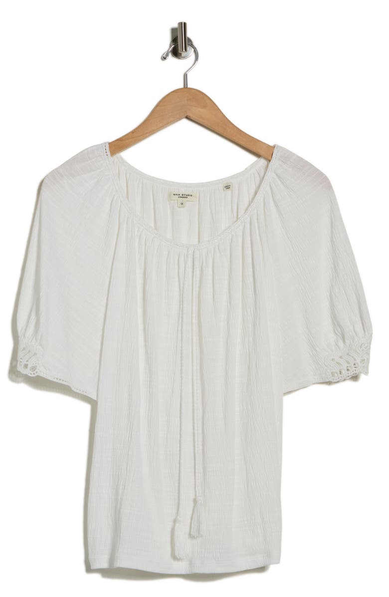 MAX STUDIO Lace Inset Elbow Sleeve Top, Main, color, White-White