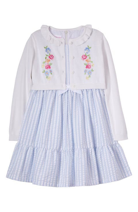 Kids' Seersucker Stripe Dress & Embroidered Cardigan Set