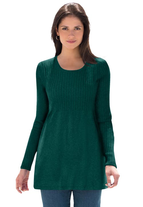Jessica London Ribbed Baby Doll Tunic Sweater In Green