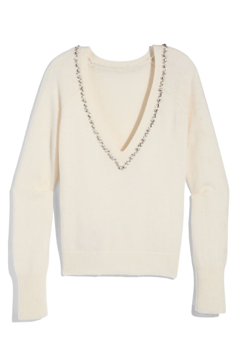 Rhinestone Embellished Wool Blend V-Neck Sweater, Alternate, color, MARSHMALLOW