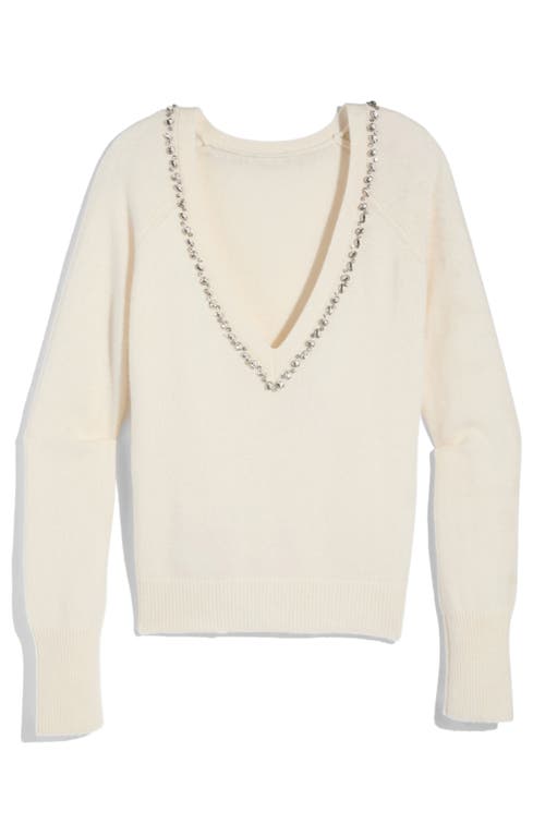 Vineyard Vines Rhinestone Embellished Wool Blend V-neck Sweater In White