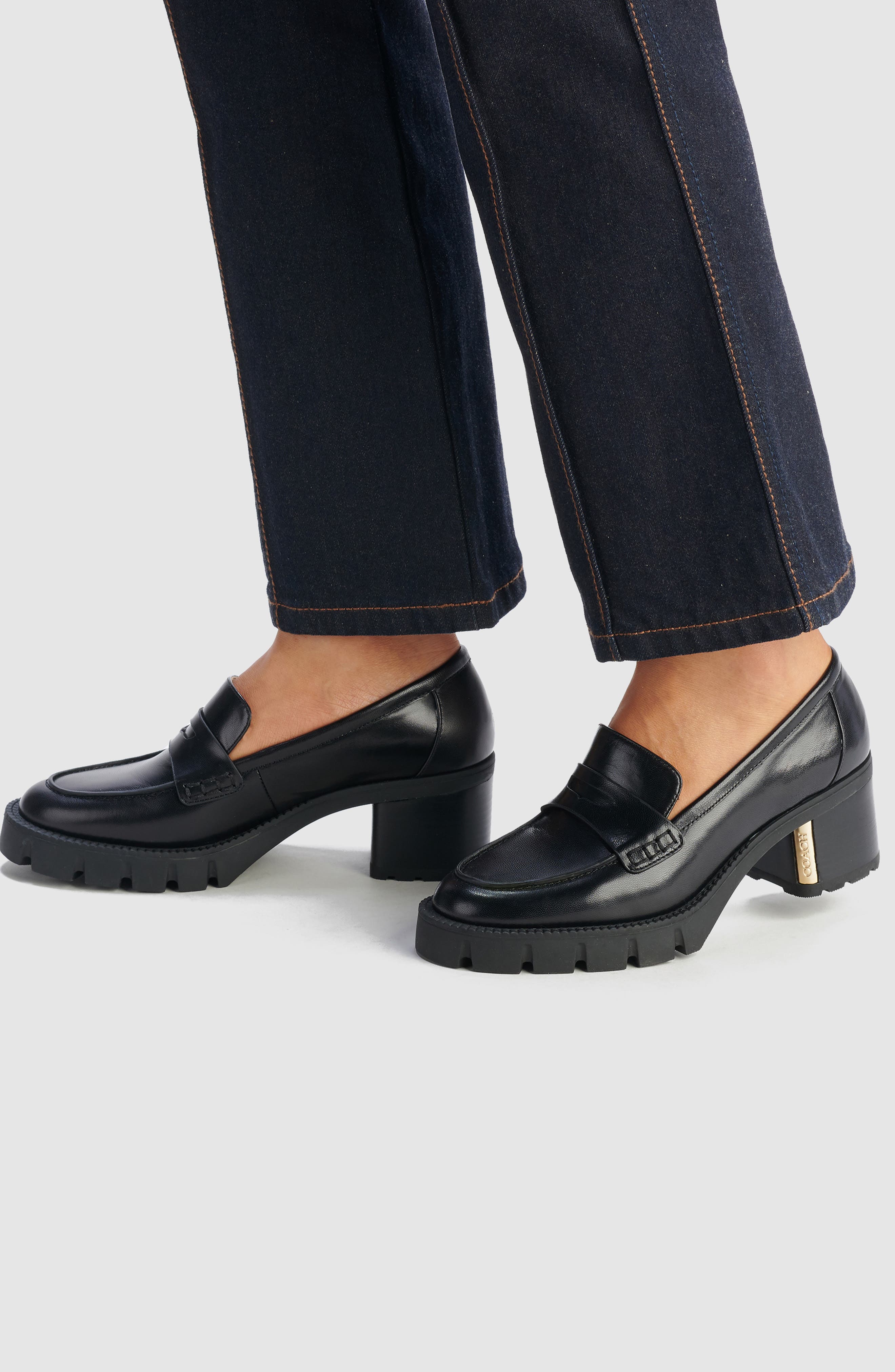 Cora Block Heel Penny Loafer, Alternate, color, BLACK