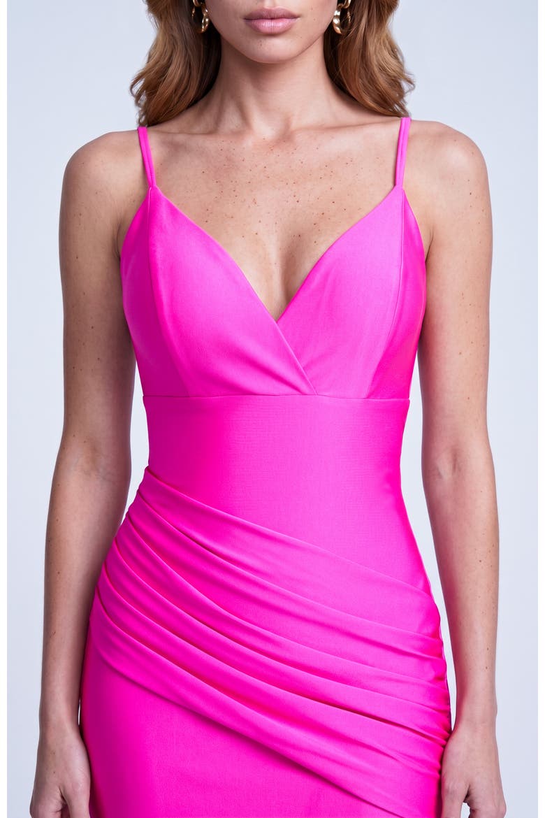 Ruched Plunge Neck Strappy Back Mermaid Evening Gown, Alternate, color, Neon Pink