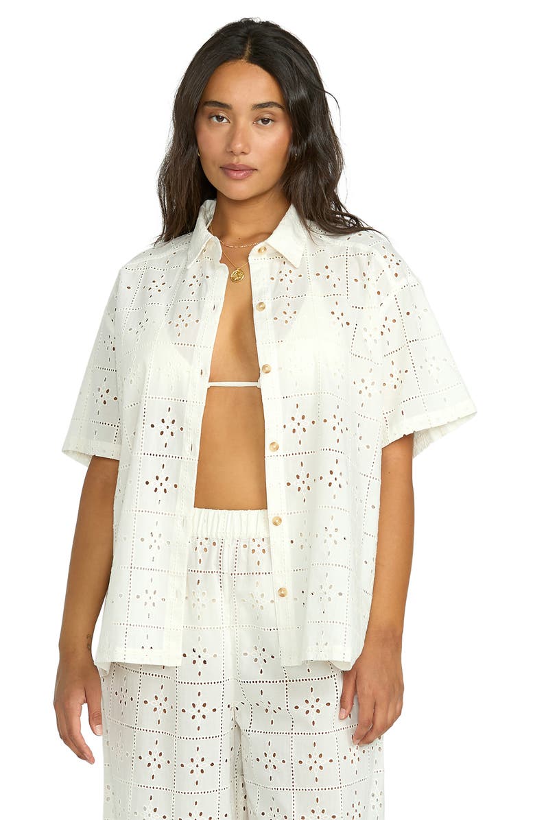 Billabong Eyelet Crush Button-Up Cover-Up Shirt, Alternate, color, Salt Crystal