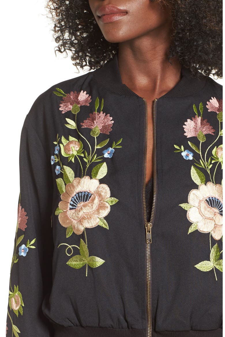 Floral Embroidered Bomber Jacket, Alternate, color, BLACK