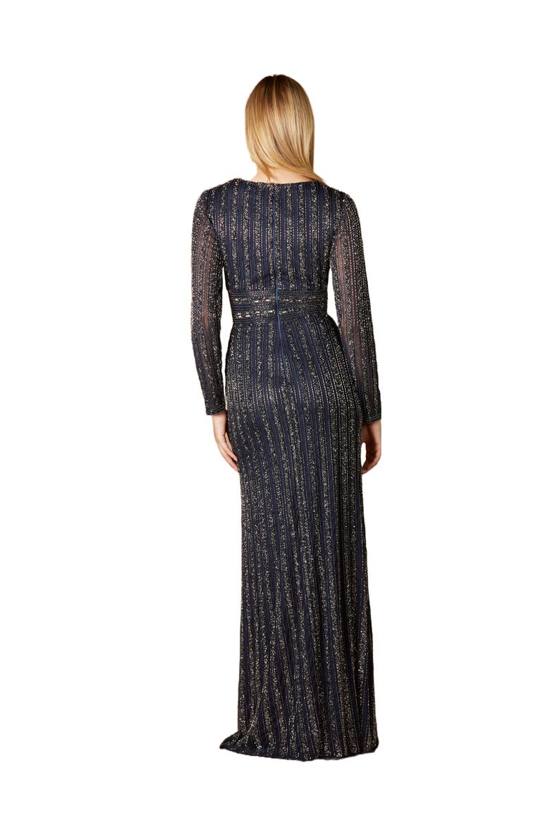 Long Sleeve Belted Beaded Gown, Alternate, color, Navy