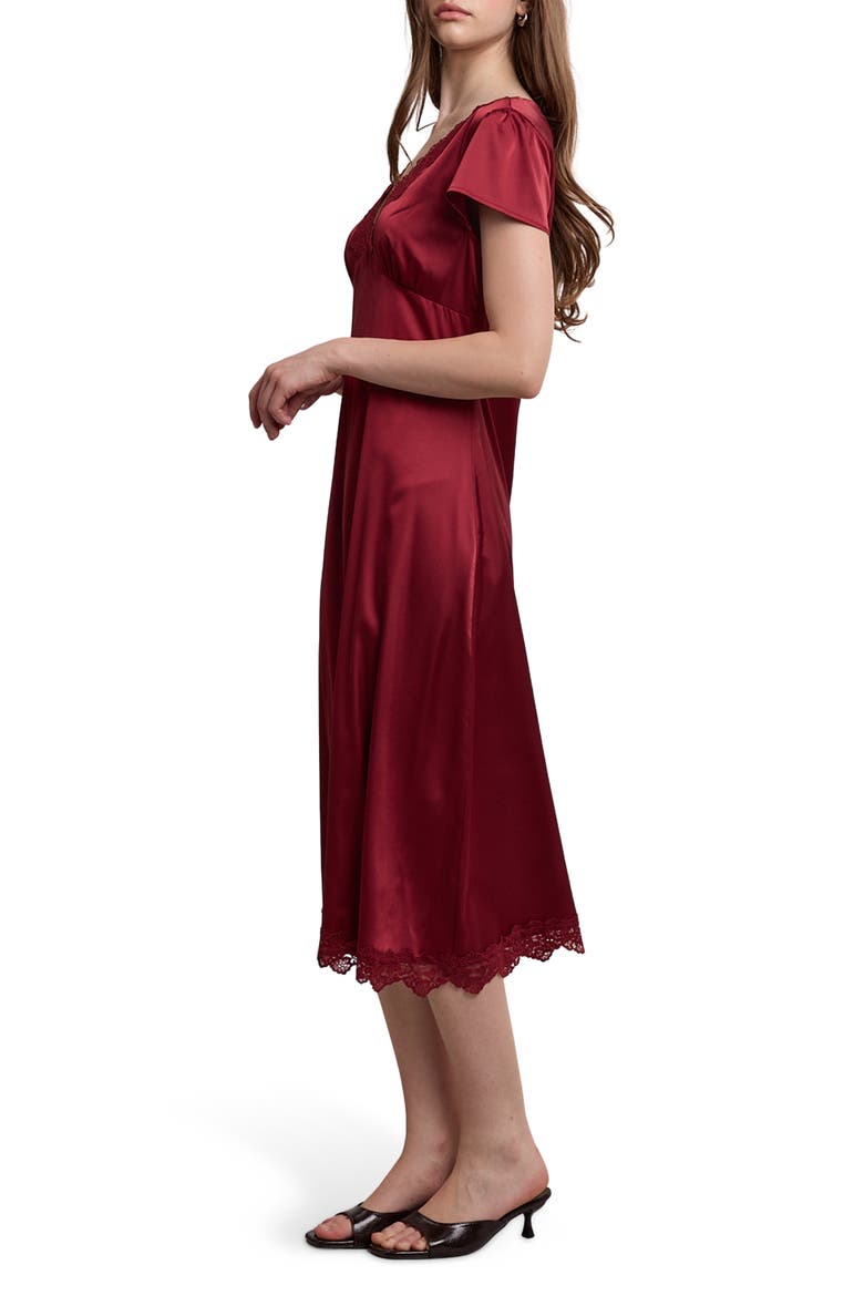 Lace Trim Satin Midi Dress, Alternate, color, WINE