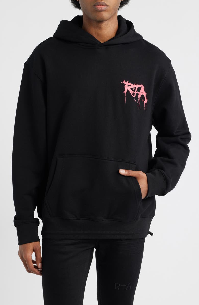 RtA Jordan Graffiti Graphic Drawcord Hem Hoodie, Main, color, Black Graffiti Pink