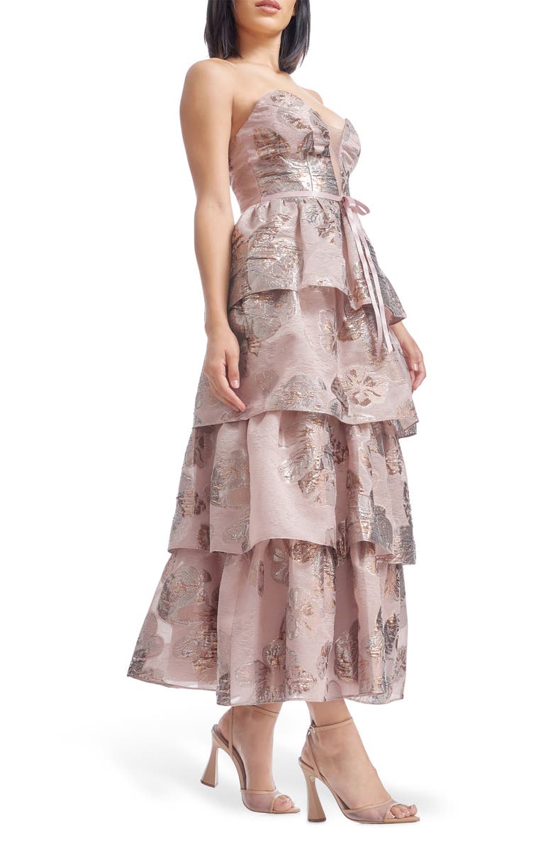 Dress the Population Savannah Metallic Strapless Tiered Gown, Alternate, color, Rose Gold Multi