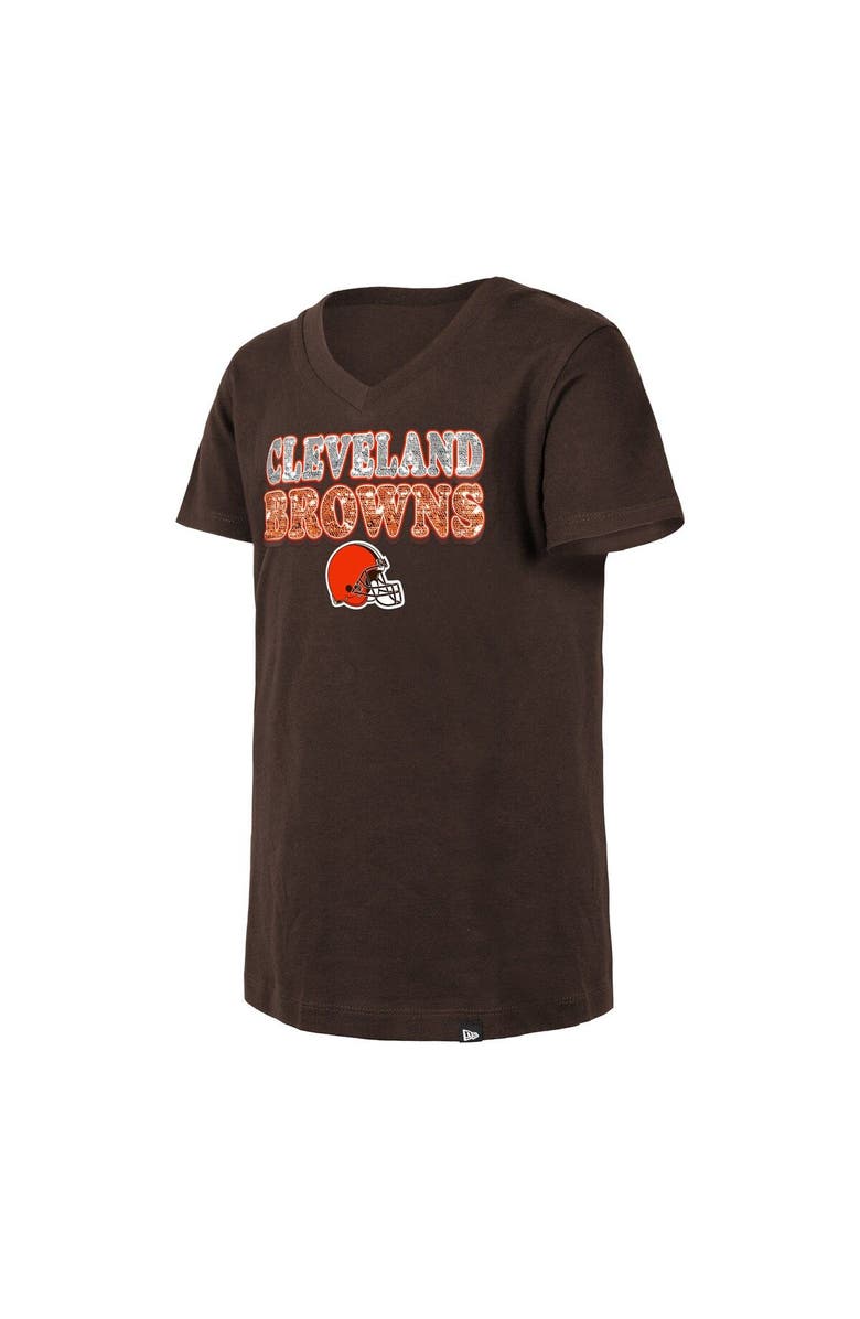New Era Girls Youth New Era Brown Cleveland Browns Reverse Sequin V-Neck T-Shirt, Alternate, color, 