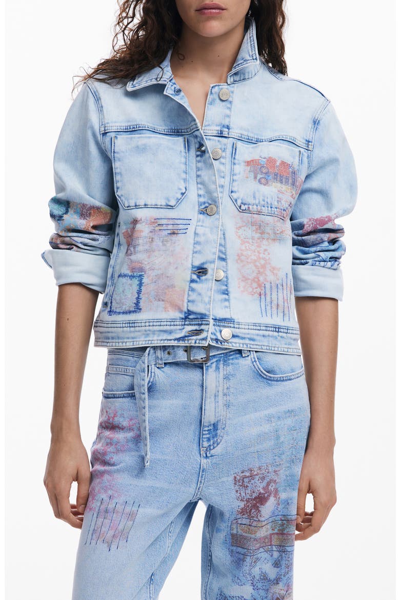 Patch Print Denim Trucker Jacket, Main, color, MEDIUM BLUE