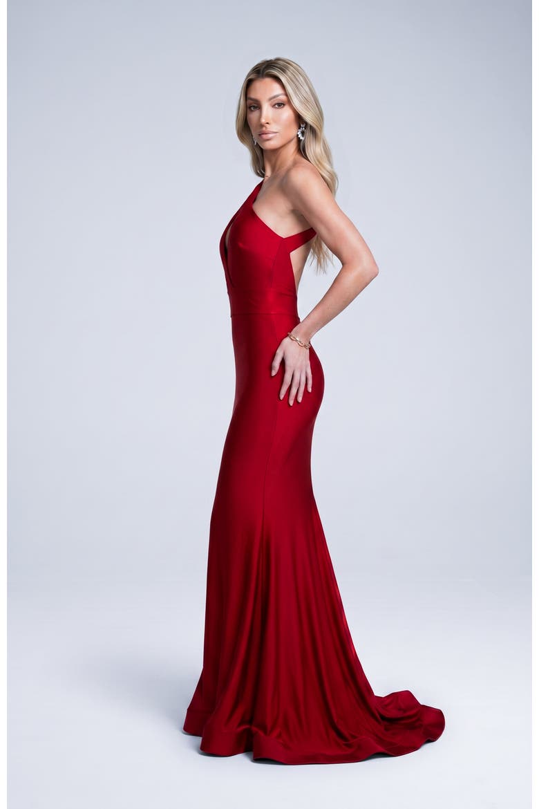 Asymmetrical Cutout Mermaid Evening Gown, Alternate, color, Red