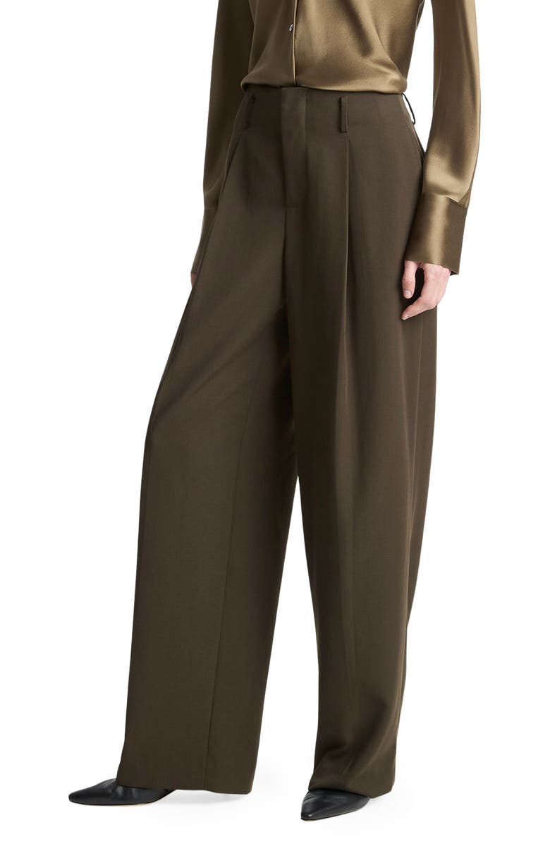 Vince High Waist Pleated Wide Leg Pants, Alternate, color, Verde