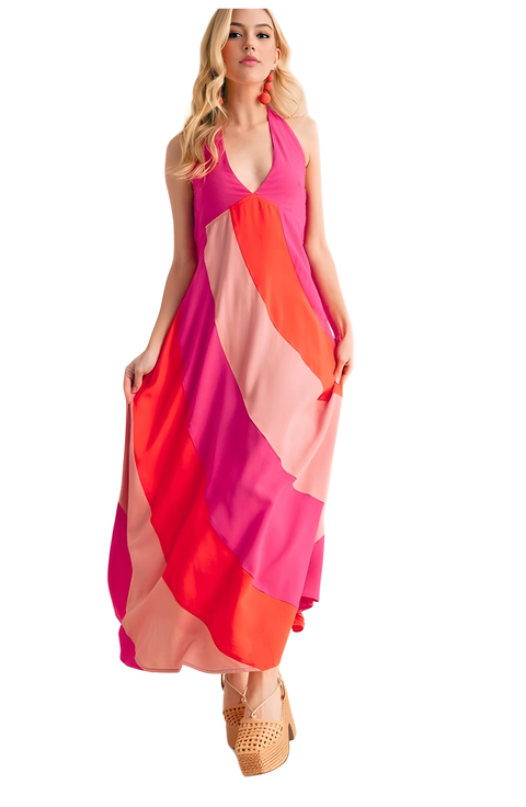 Colorblock Halter Neck Maxi Dress