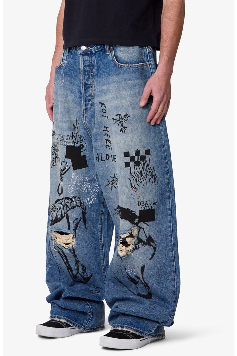 Mega Baggy Sketch Denim Jeans, Alternate, color, BLUE