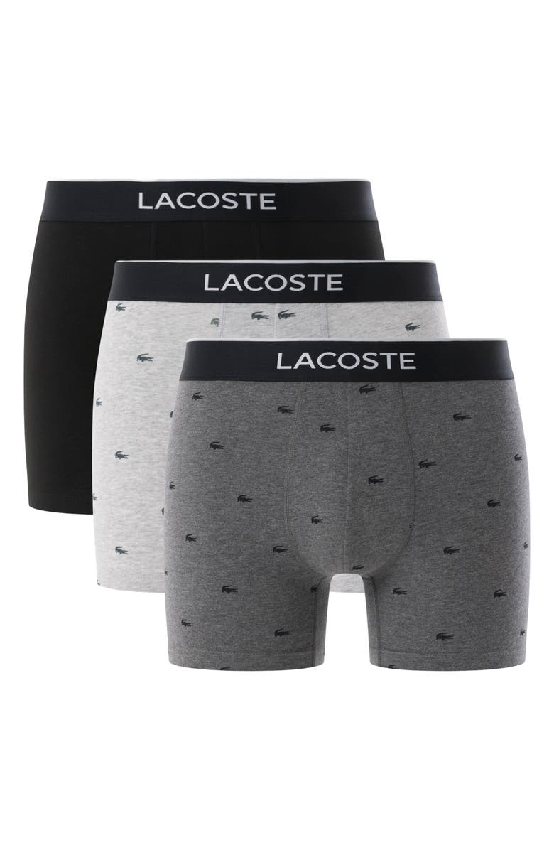 Lacoste Assorted 3-Pack Stretch Cotton Boxer Briefs, Main, color, Vdp Black/ Pitch Chine-Silver