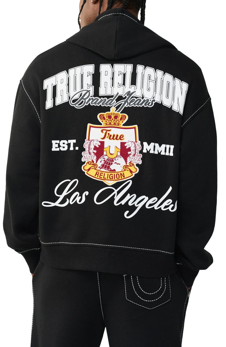 True Religion Crest Big T Boxy Zip-Up Hoodie, Alternate, color, Jet Black