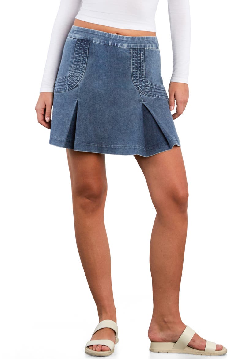 Cascade Pleat Denim Miniskirt, Main, color, REGAL DENIM