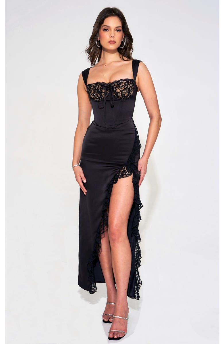 Miss Circle Freddie Corset Lace Satin Maxi Dress, Main, color, Black