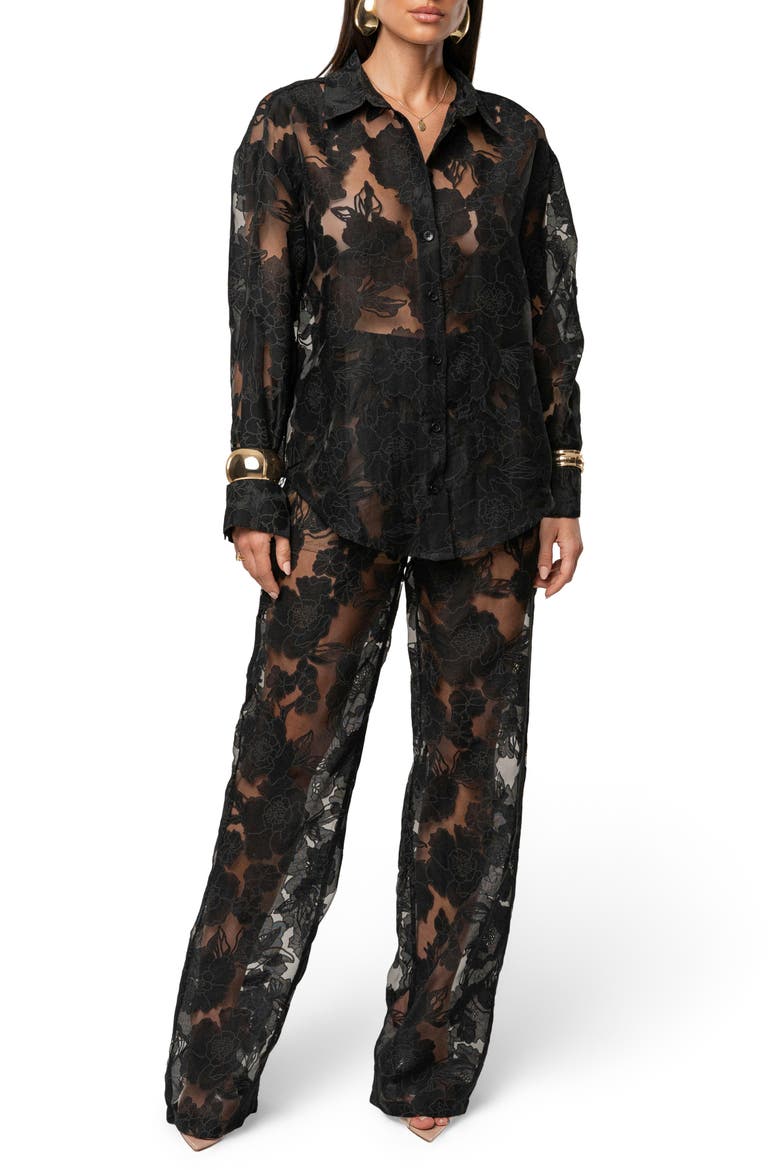 Embroidered Floral Cotton Blend Organza Button-Up Shirt, Alternate, color, BLACK