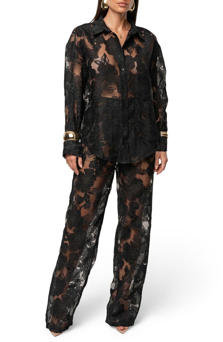 JLUXLABEL Embroidered Floral Cotton Blend Organza Button-Up Shirt, Alternate, color, Black