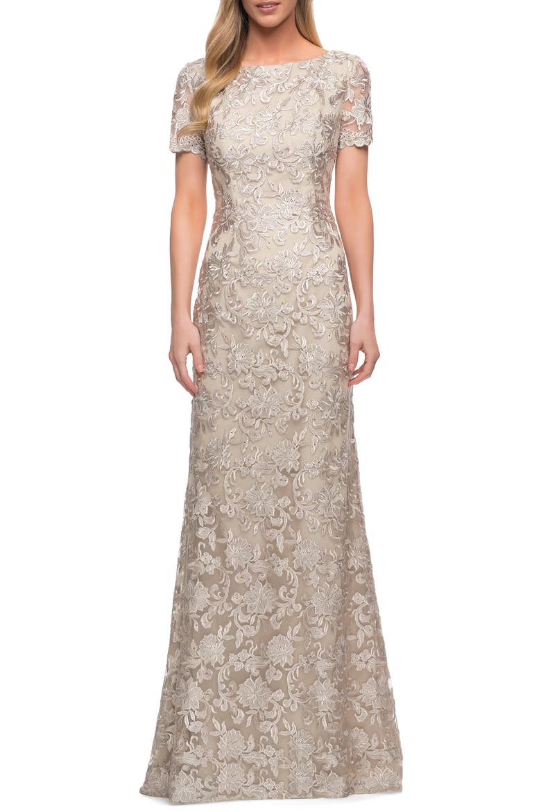 Beautiful Lace Mother of the Bride Dress with Short Sleeves, Main, color, CHAMPAGNE