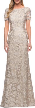 La Femme Beautiful Lace Mother of the Bride Dress with Short Sleeves