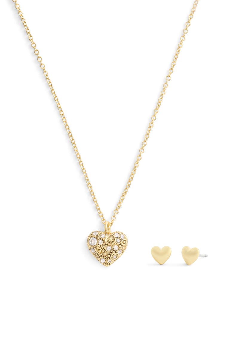 Pavé Heart Pendant Necklace & Stud Earrings Set, Main, color, CRYSTAL/ GOLD