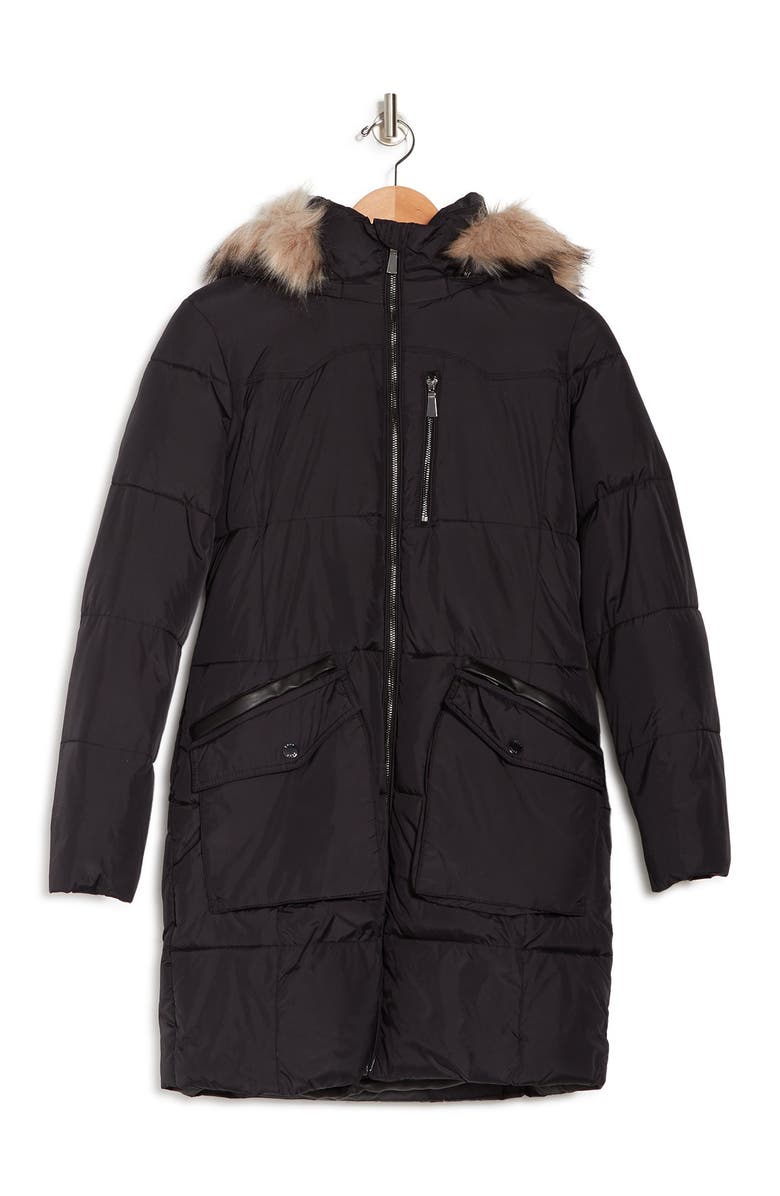 DKNY Faux Fur Trim Down Coat, Alternate, color,