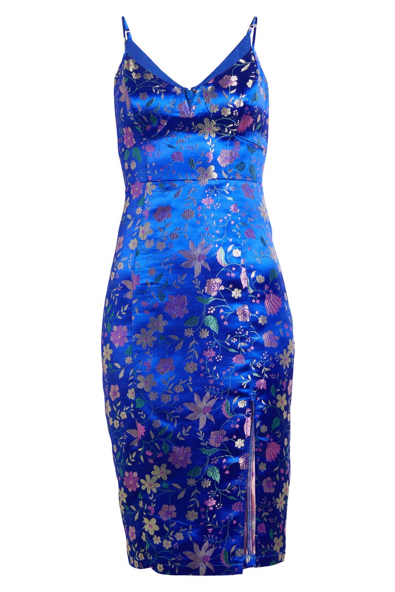 Floral Jacquard Satin Cocktail Dress, Alternate, color, BLUE