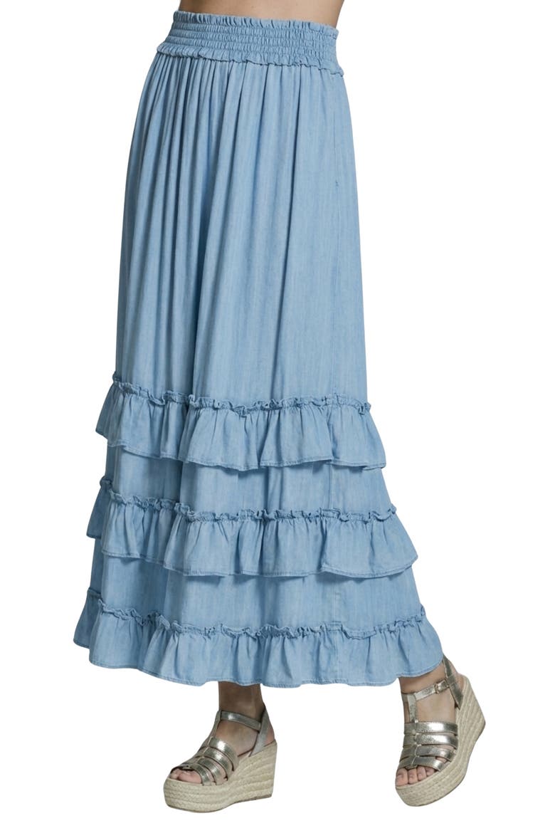 Ruffle Cascade Chambray Maxi Skirt, Main, color, LIGHT INDIGO