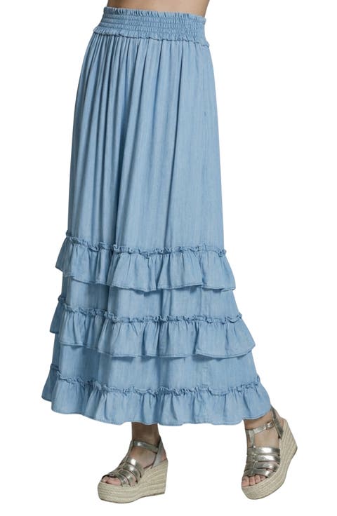 Ruffle Cascade Chambray Maxi Skirt