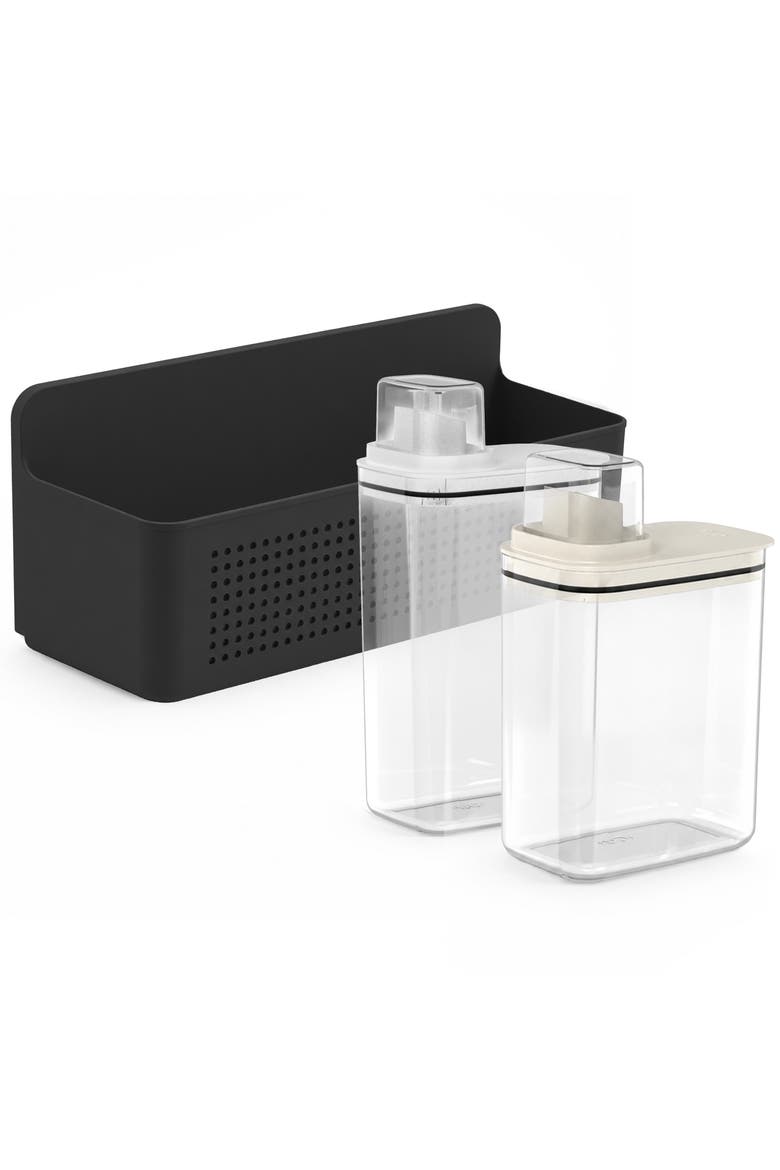 Clear Airtight 50oz & 77oz Laundry Dispenser Set with Measuring Caps and Wall Mounted Storage Basket, 3 Piece Organizer, Main, color, Black