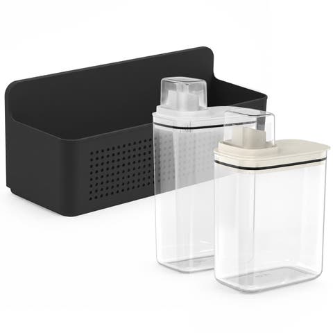Clear Airtight 50oz & 77oz Laundry Dispenser Set with Measuring Caps and Wall Mounted Storage Basket, 3 Piece Organizer